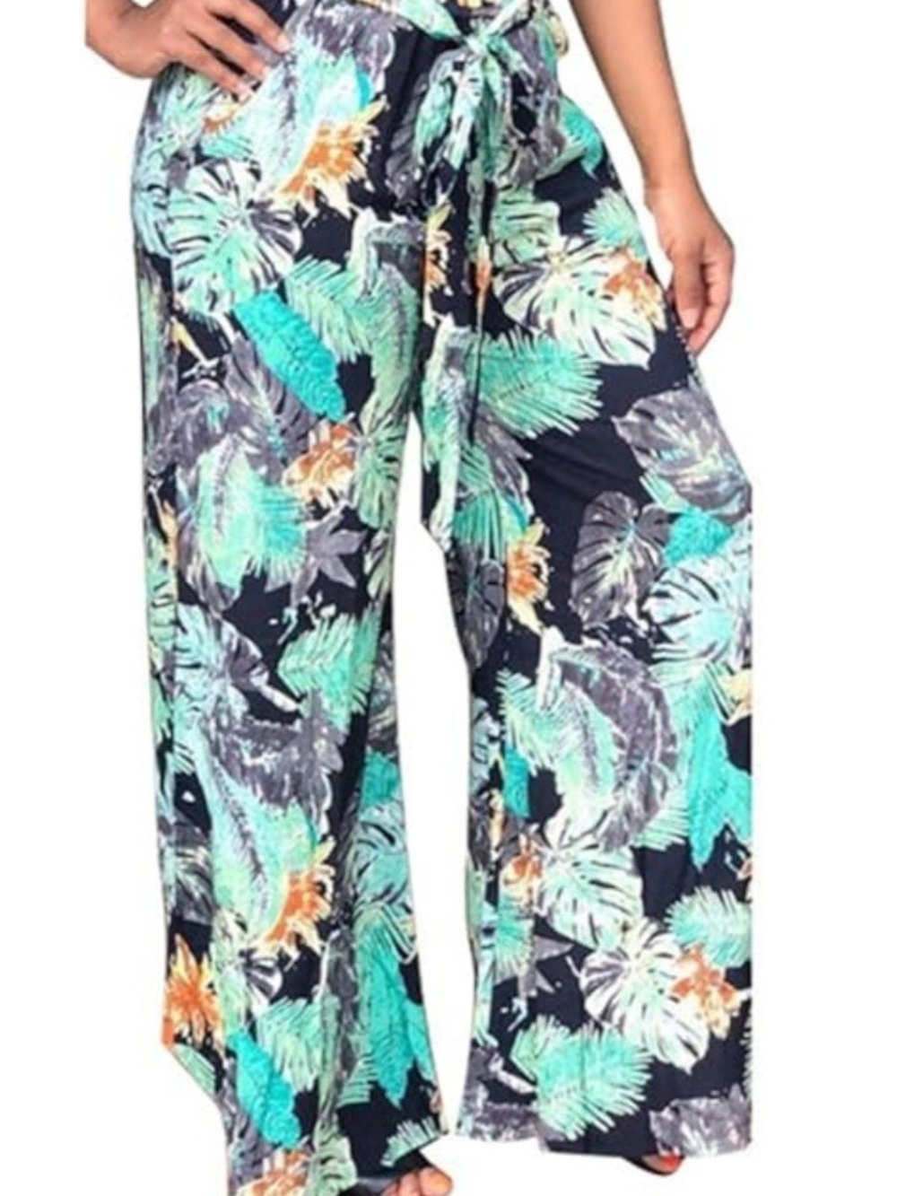 Women Vintge High Waist Floral Print Palazzo Wide Leg Boho Pants with Belt